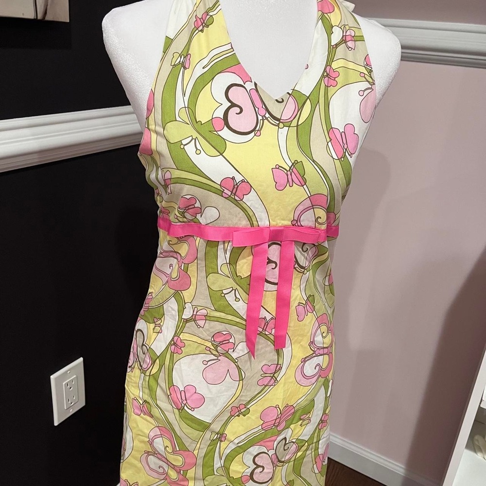 Y2K DEADSTOCK1960s Style Pink & Green Paisley Heart Butterfly Halter Dress Small - Picture 2 of 8